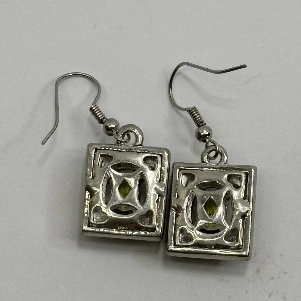 Vintage Square Black Enamel Peridot Green Silver Tone Drop Earrings Y2K 90s Goth